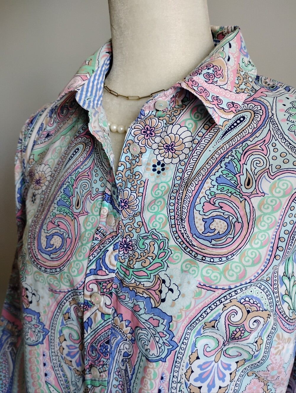 Talbots Cotton Button Down Shirt Pastel Pink Blue Paisley Classic Size Small
